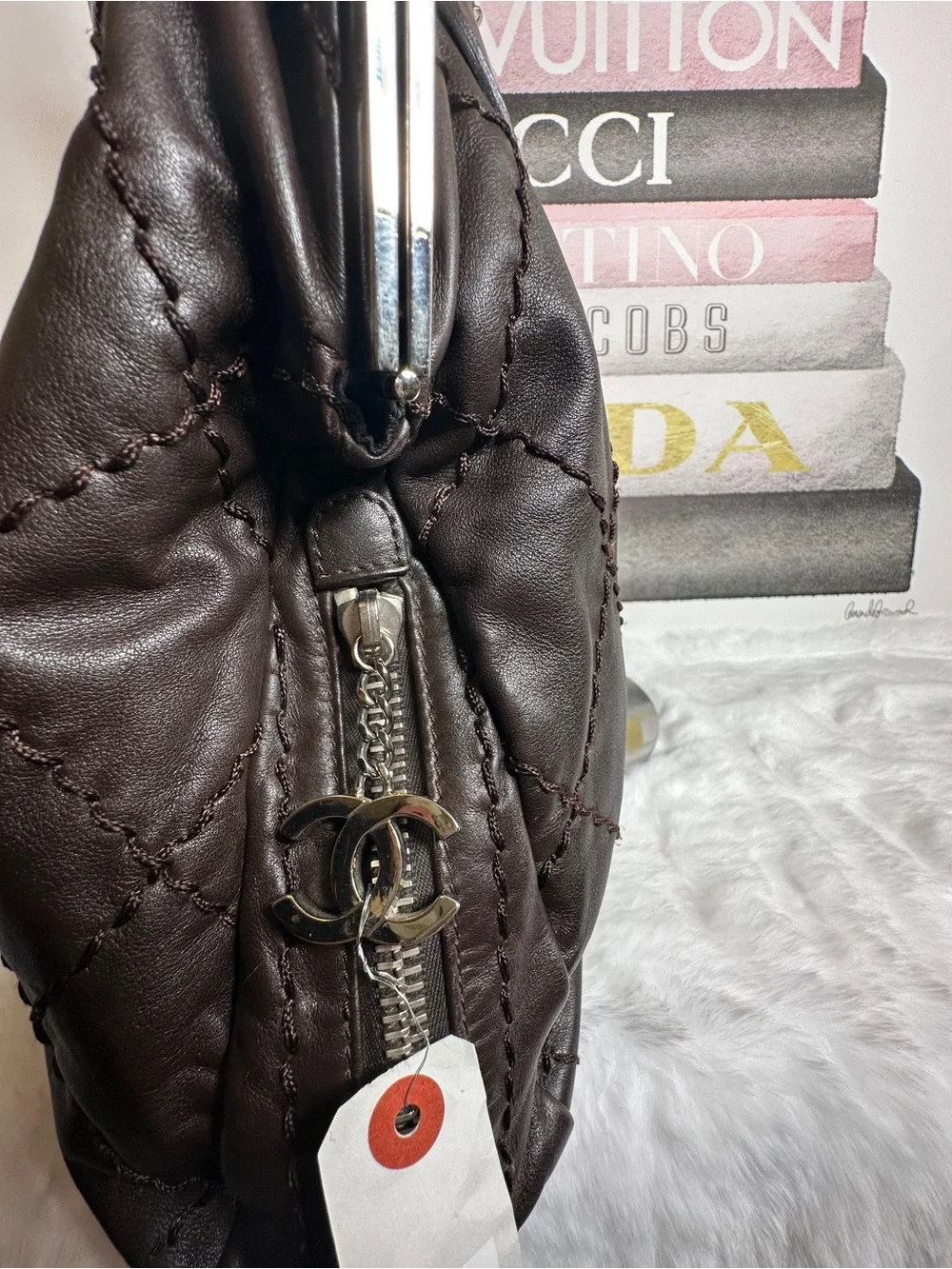 CHANEL CC SHW Handbag Calfskin Leather Brown